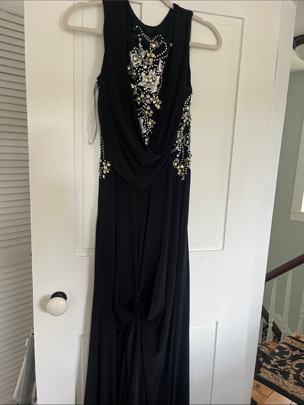 Rina diMontella Black Maxi Dress with Crystal and Gold Beading